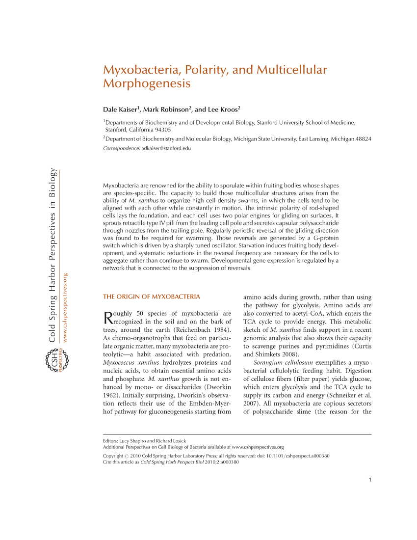 PDF) Myxobacteria, Polarity, and Multicellular Morphogenesis