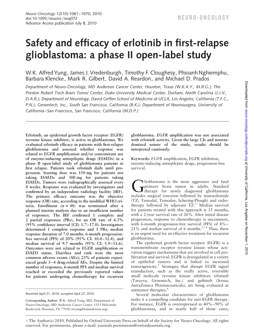 Pdf Safety And Efficacy Of Erlotinib In First Relapse Glioblastoma A Phase Ii Open Label Study