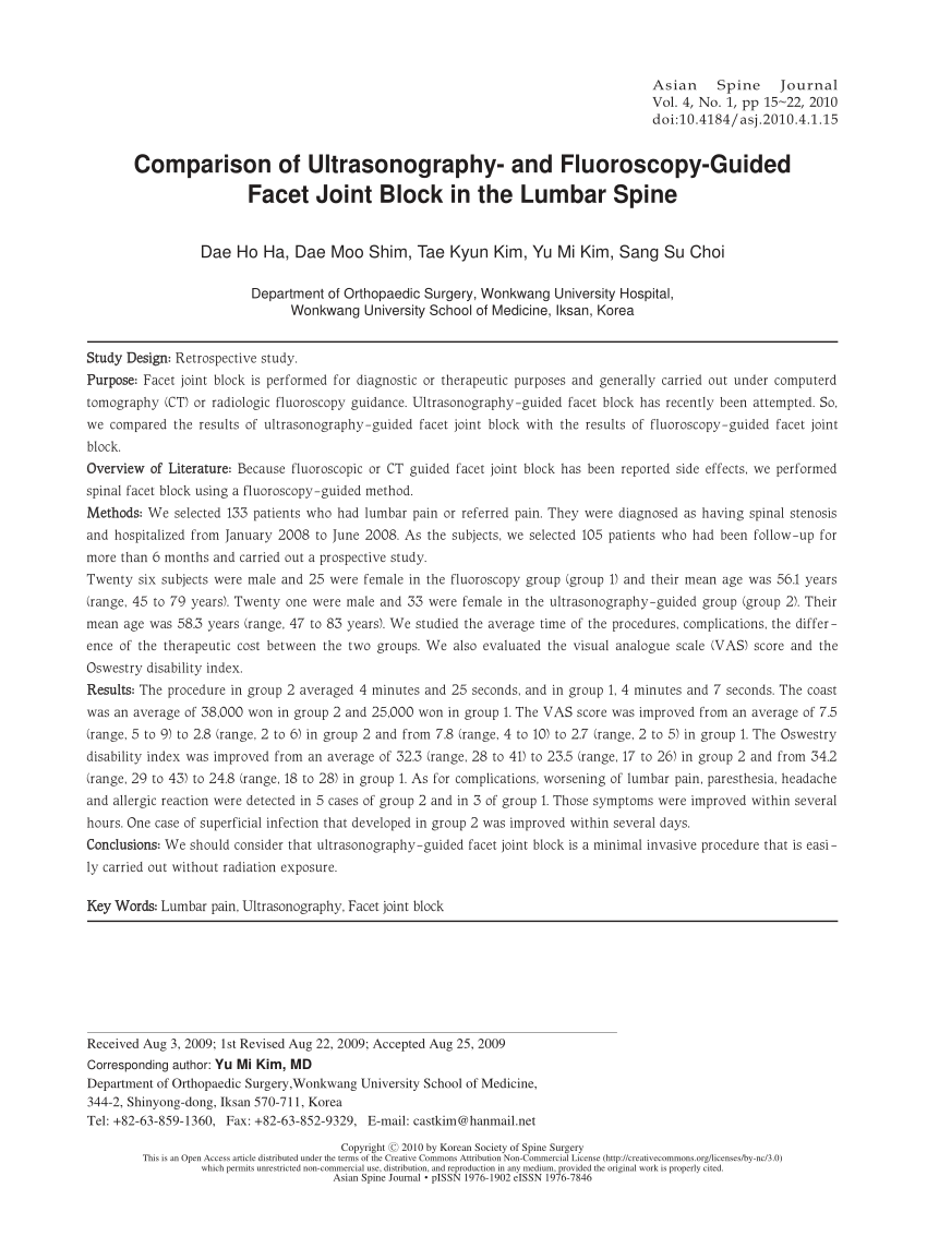 Pdf Comparison Of Ultrasonography And Fluoroscopy Guided Facet Joint Block In The Lumbar Spine