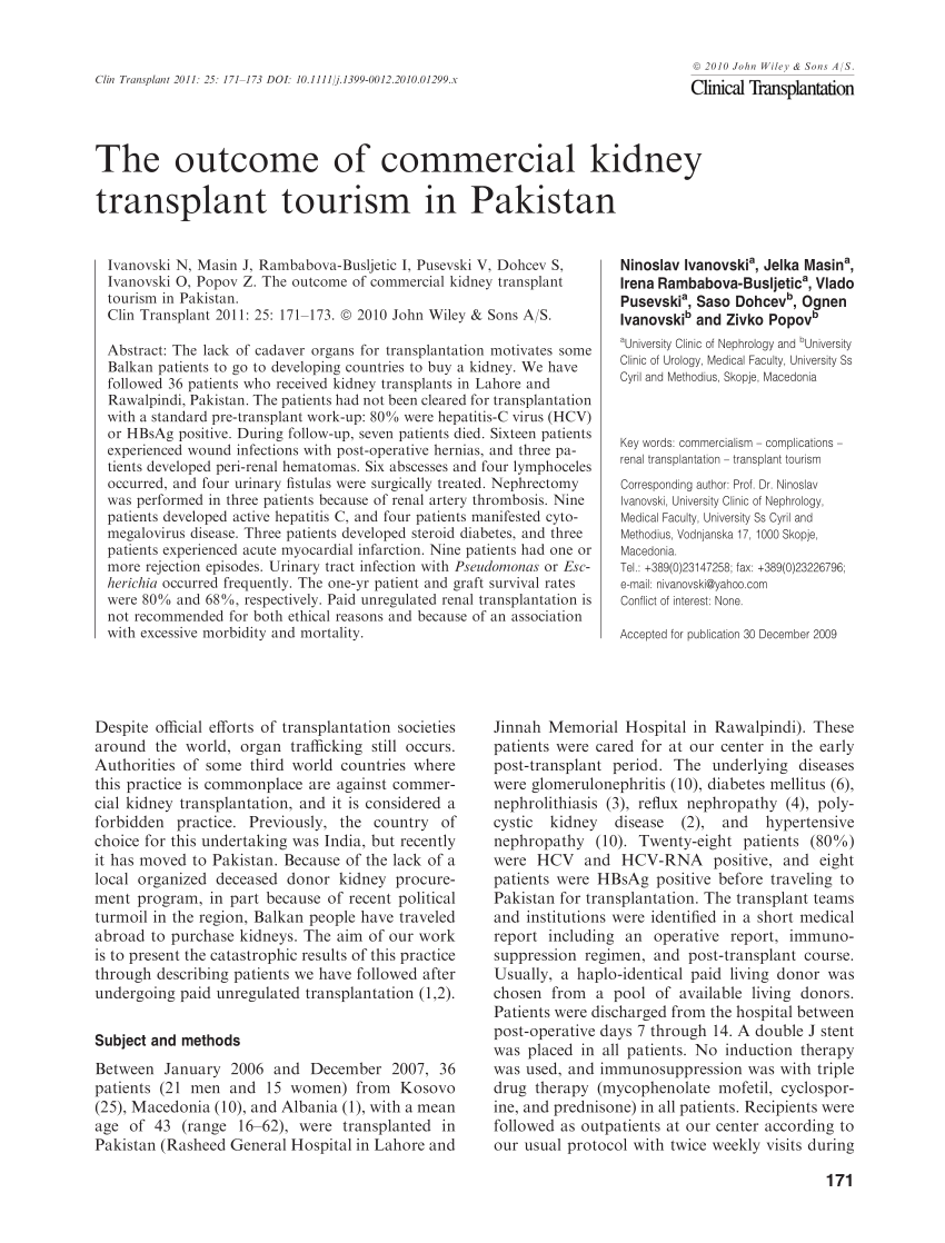 Pdf The Outcome Of Commercial Kidney Transplant Tourism In Pakistan