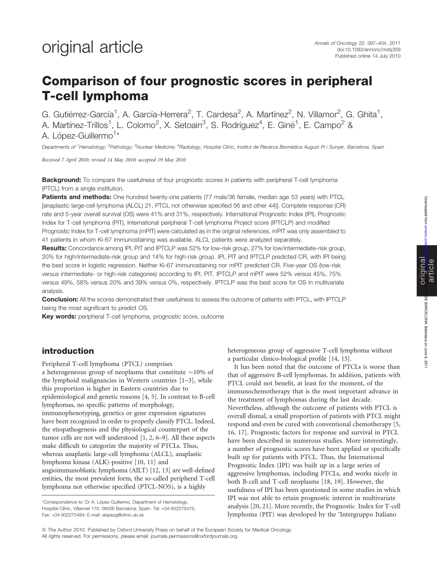 Pdf Comparison Of Four Prognostic Scores In Peripheral T Cell Lymphoma