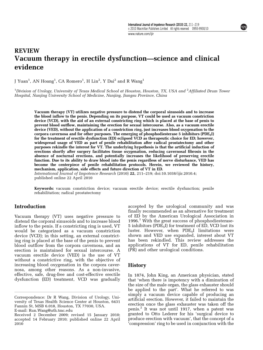 Pdf Vacuum Therapy In Erectile Dysfunction Science And Clinical Evidence