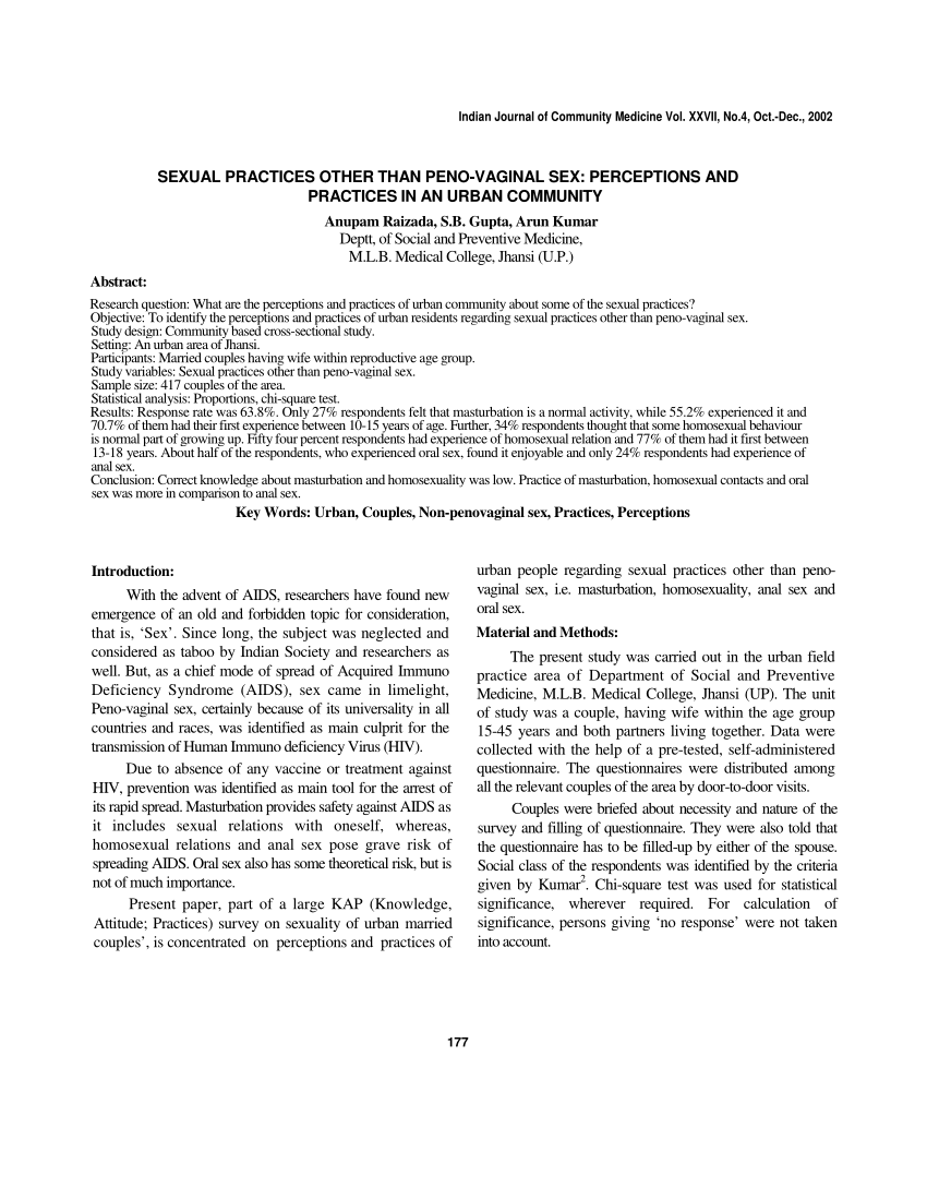 PDF) Sexual Practices Other Than Peno-Vaginal Sex: Perceptions and Practices  in an Urban Community