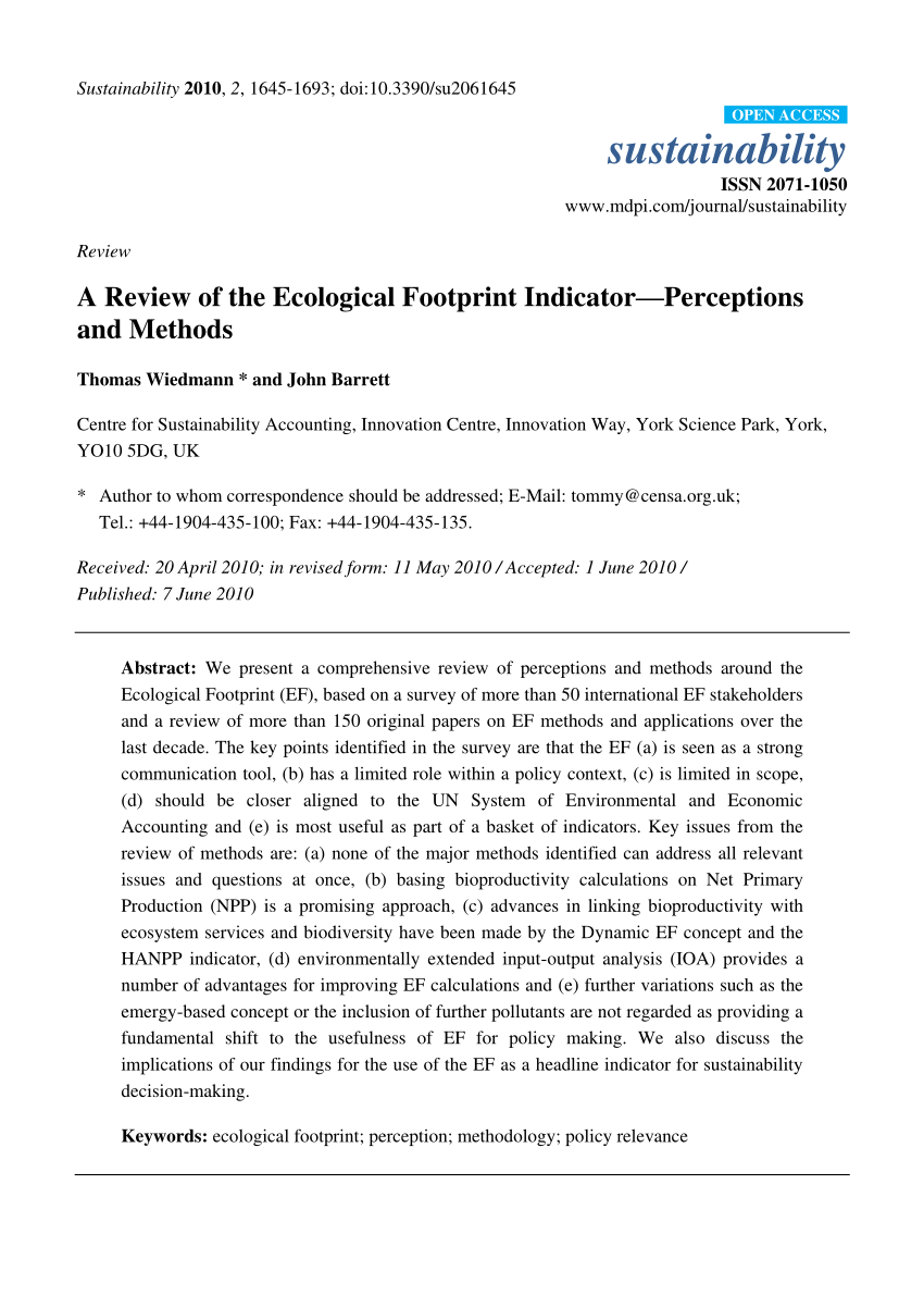 pdf) a review of the ecological footprint indicator—perceptions and