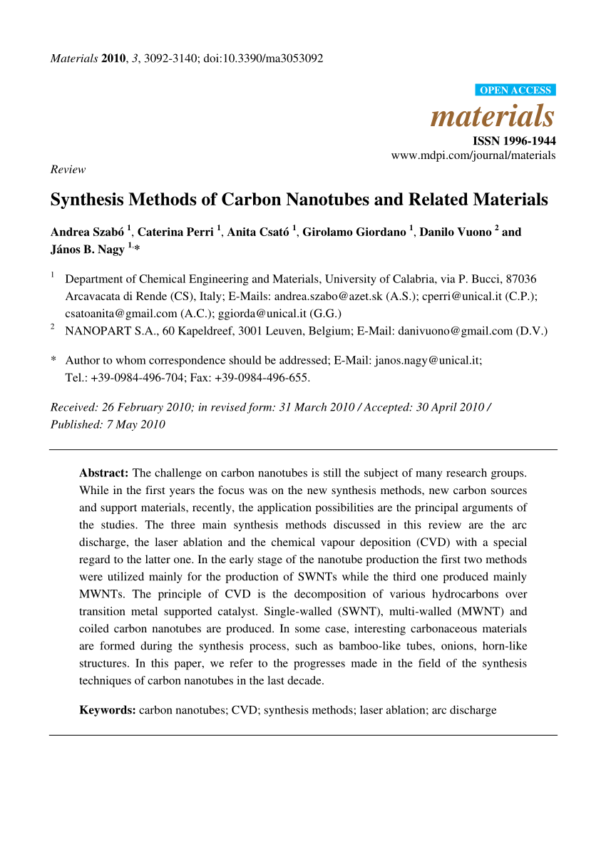 Pdf Synthesis Methods Of Carbon Nanotubes And Related Materials