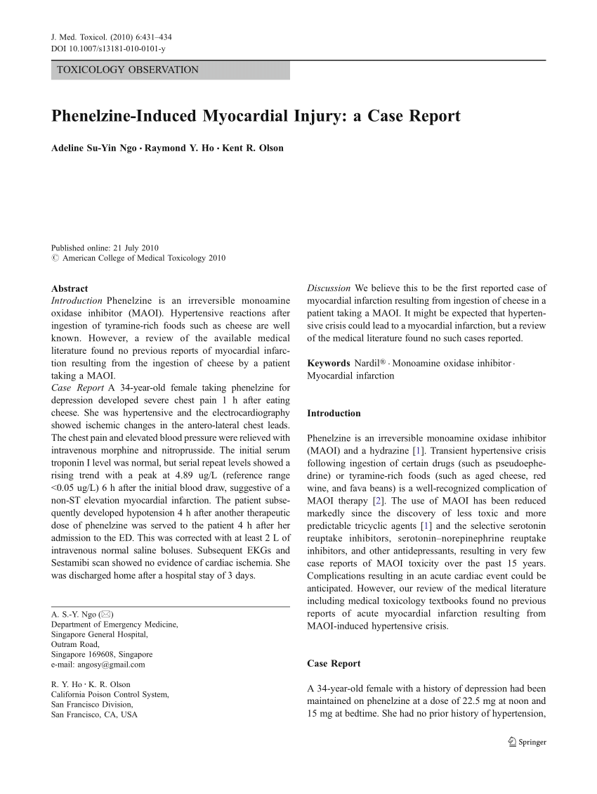 Pdf Phenelzine Induced Myocardial Injury A Case Report