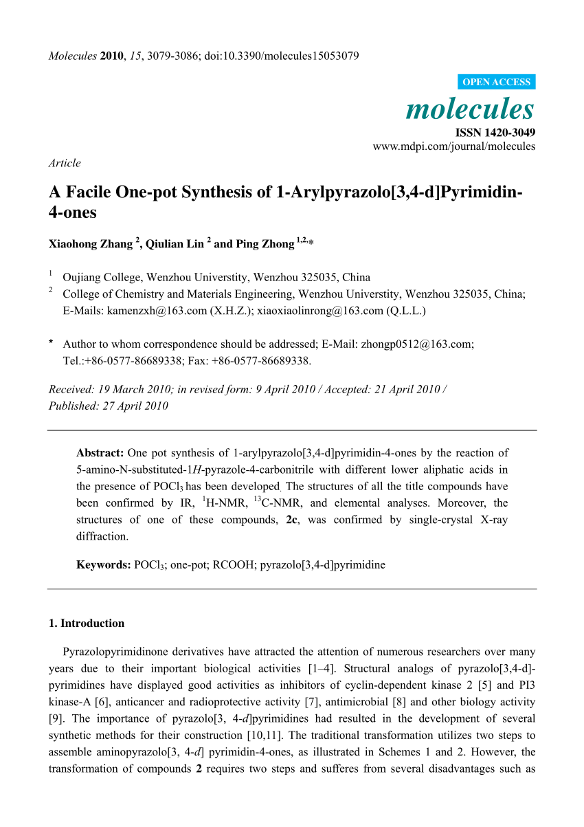 Pdf A Facile One Pot Synthesis Of 1 Arylpyrazolo 3 4 D Pyrimidin 4 Ones
