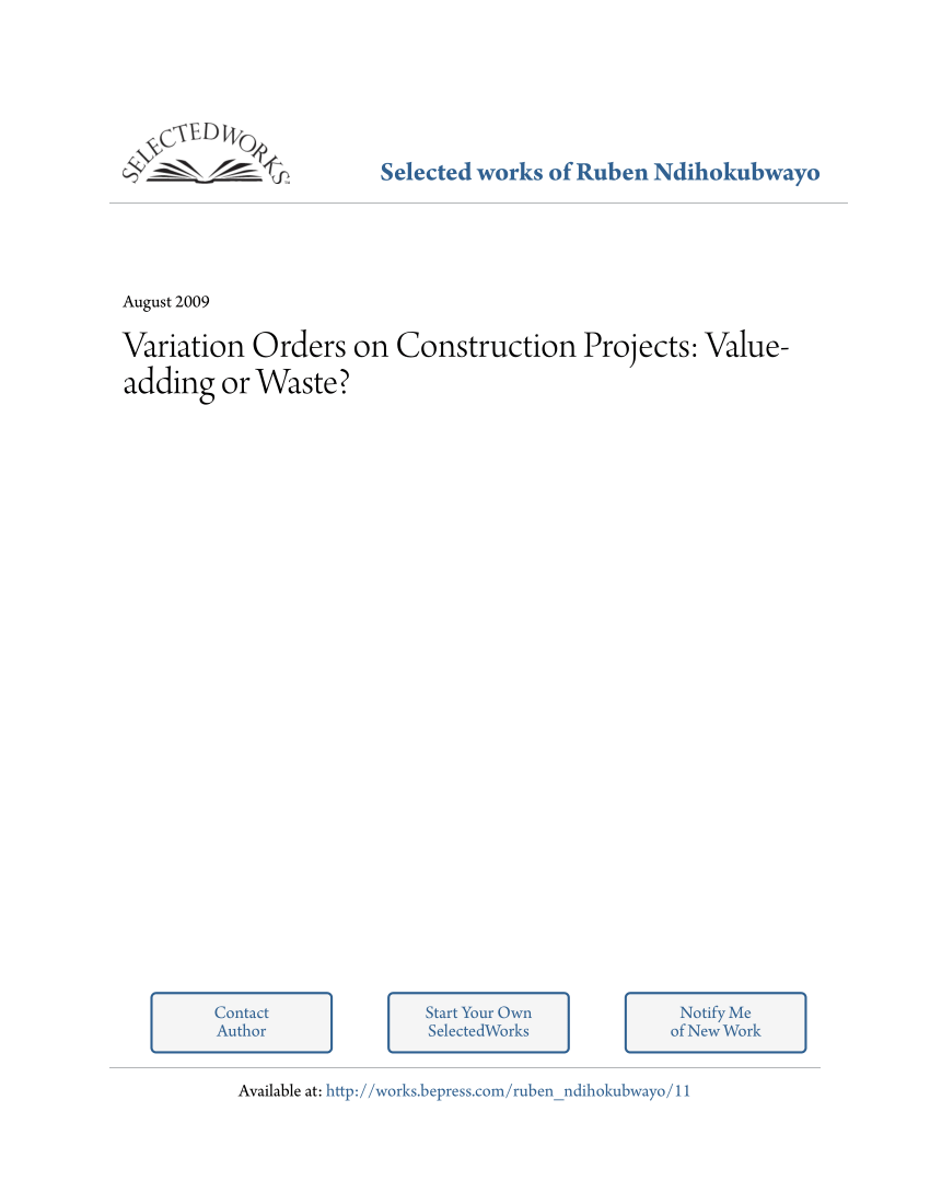(PDF) Variation Orders on Construction Projects: Value ...