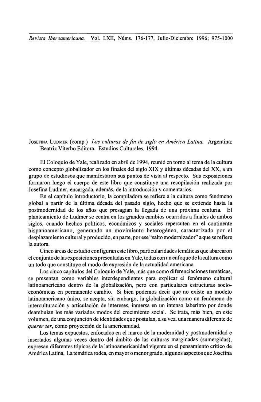 (PDF) Sobre Josefina Ludmer (comp.), Las culturas de fin de siglo en ...