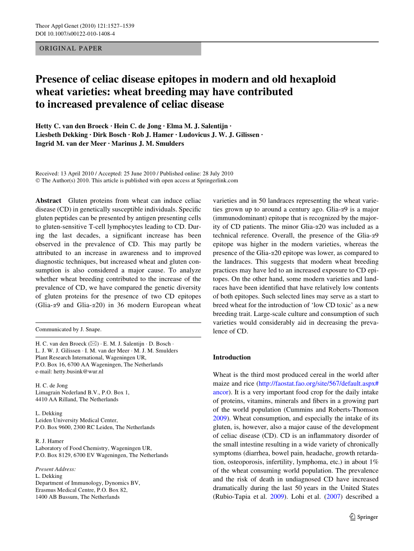 Pdf Presence Of Celiac Disease Epitopes In Modern And Old Hexaploid Wheat Varieties Wheat Breeding May Have Contributed To Increased Prevalence Of Celiac Disease