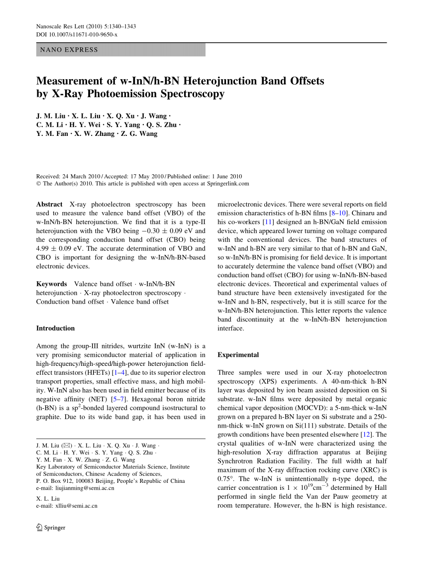 Pdf Measurement Of W Inn H Bn Heterojunction Band Offsets By X Ray Photoemission Spectroscopy