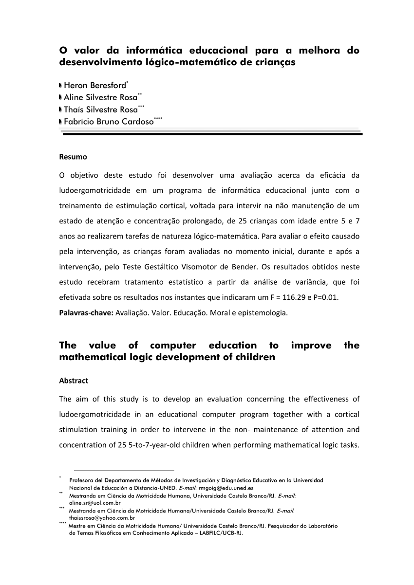 PDF) O valor da informática educacional para a melhora do desenvolvimento  lógico-matemático de crianças