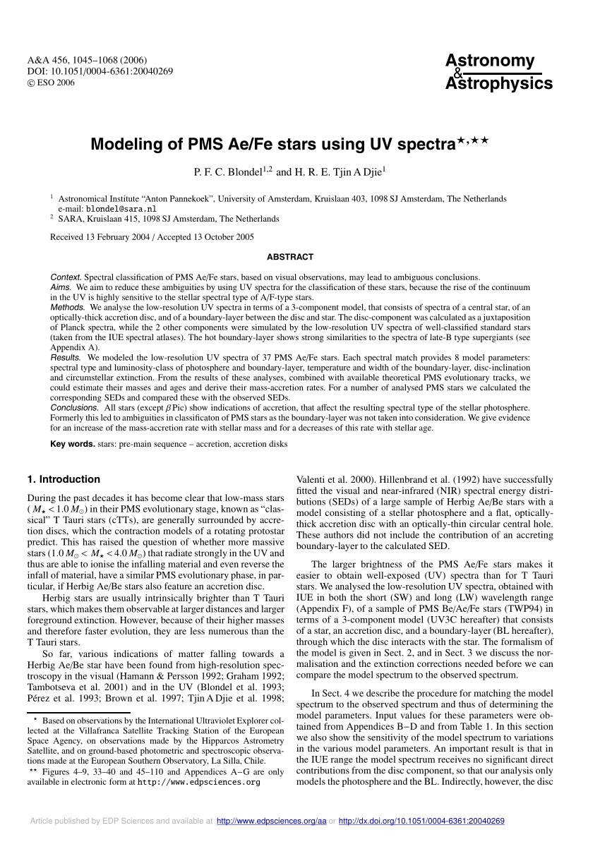 Pdf Modeling Of Pms Ae Fe Stars Using Uv Spectra