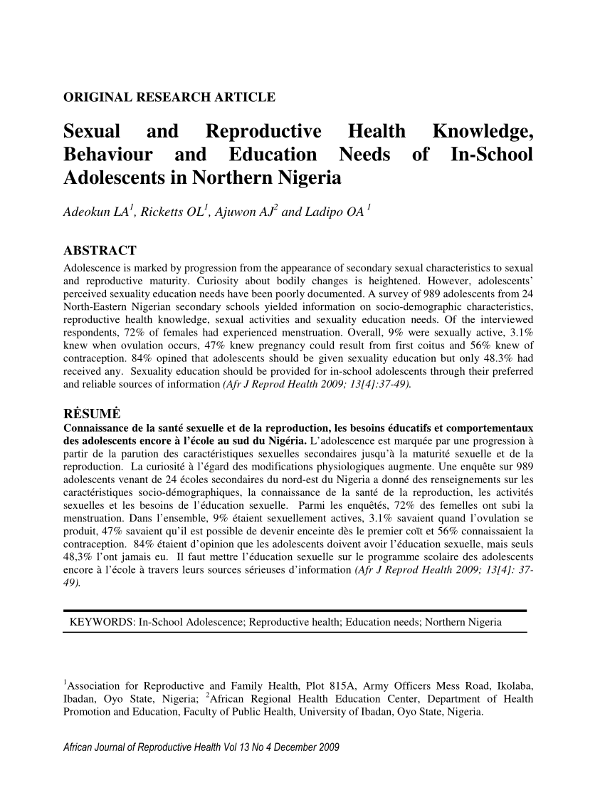 Pdf Sexual And Reproductive Health Knowledge Behaviour And Education Needs Of In School 2824