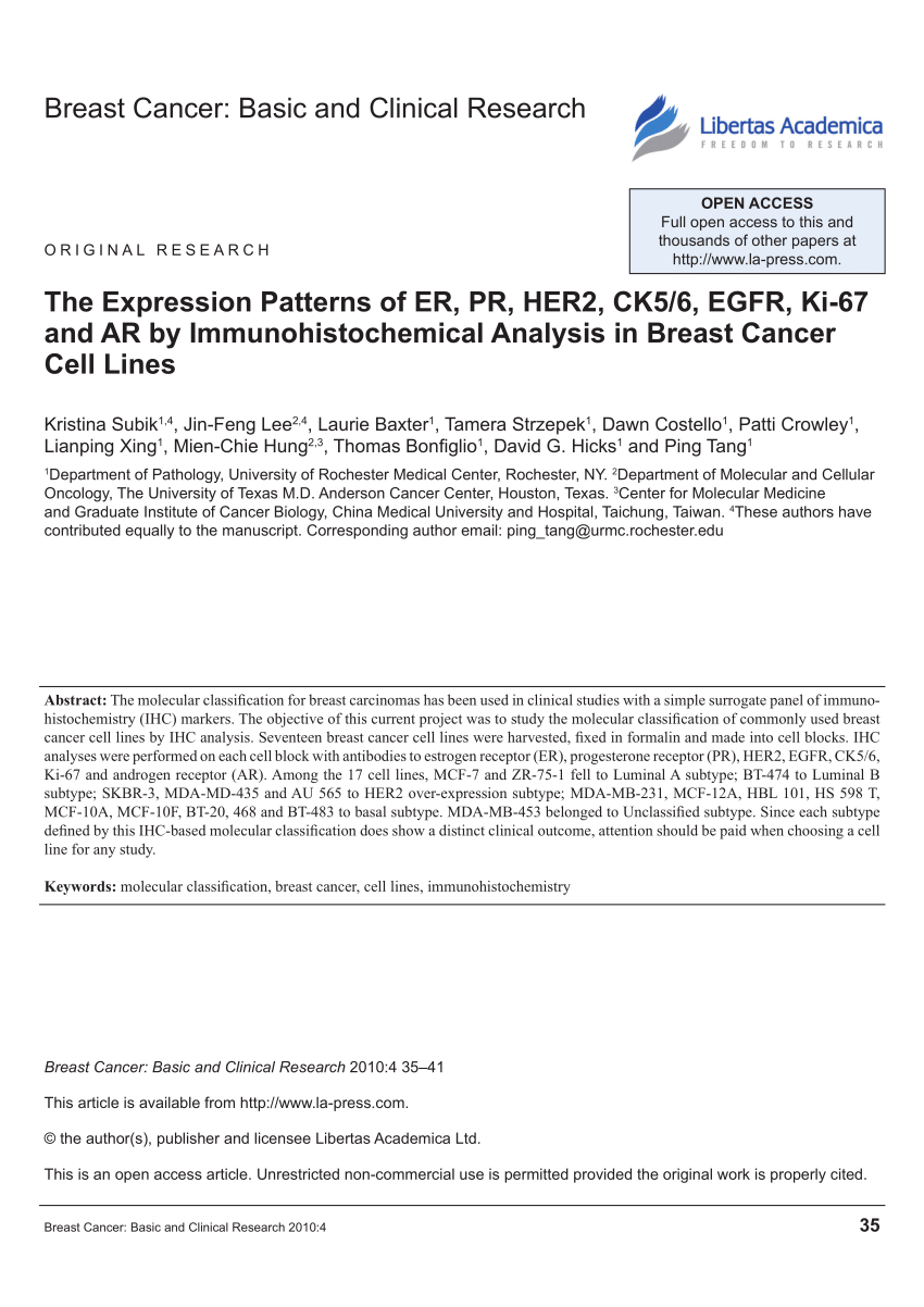 (PDF) The expression patterns of ER, PR, HER2, CK5/6, EGFR, Ki-67 and ...