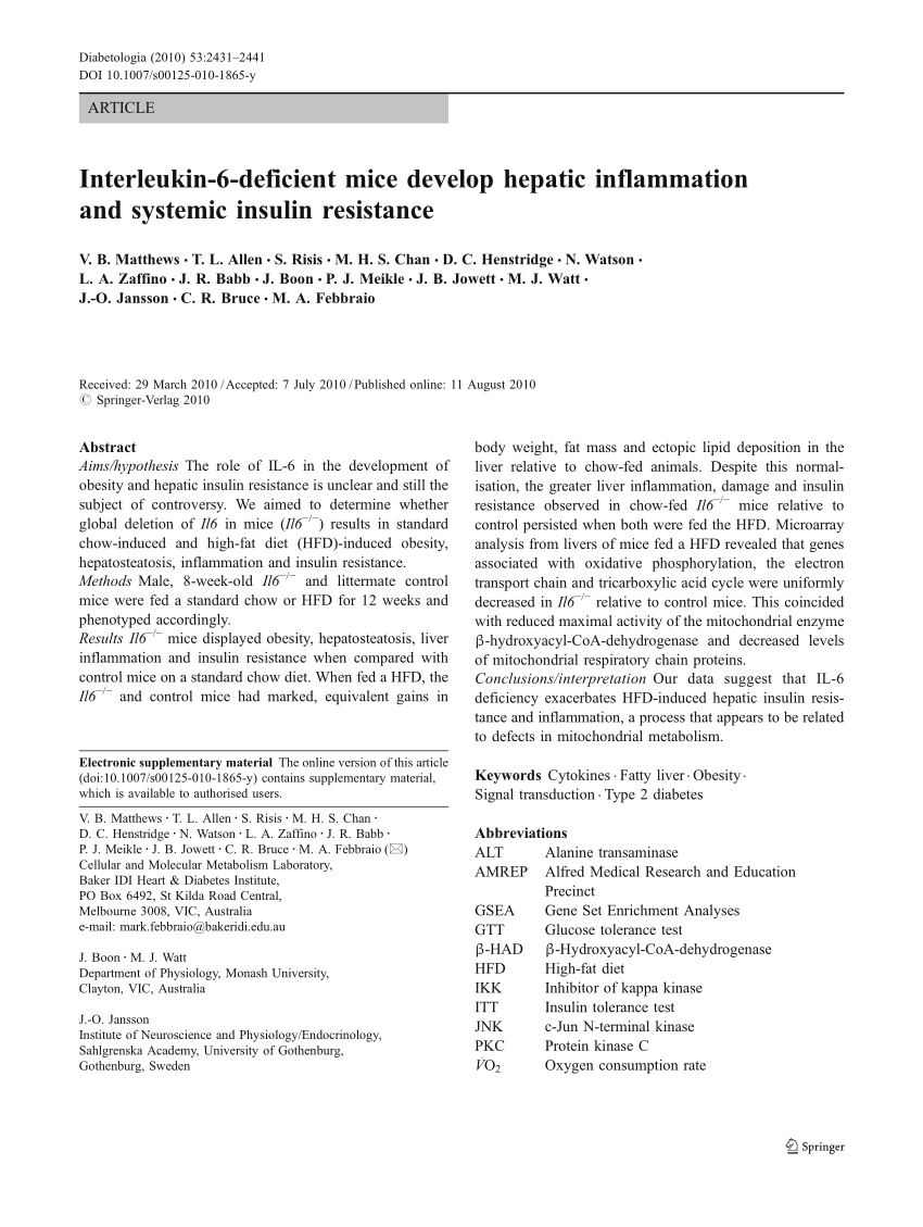 Pdf Interleukin 6 Deficient Mice Develop Hepatic Inflammation And Systemic Insulin Resistance