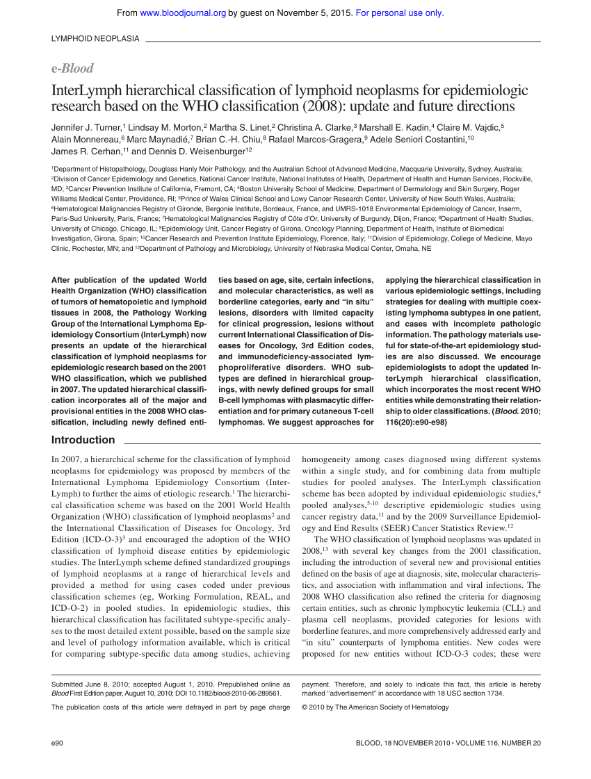 Pdf Interlymph Hierarchical Classification Of Lymphoid Neoplasms For Epidemiologic Research 