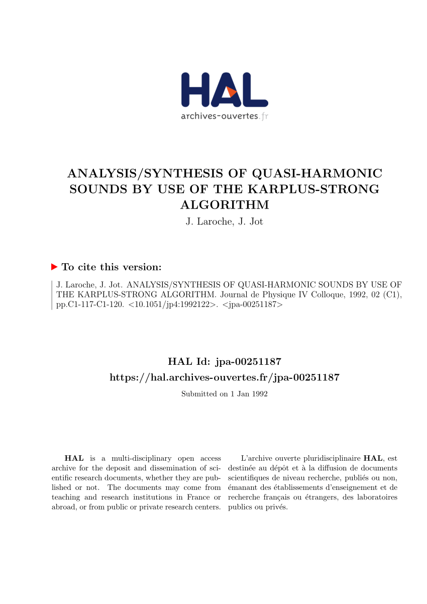 PDF) ANALYSIS/SYNTHESIS OF QUASI-HARMONIC SOUNDS BY USE OF THE KARPLUS- STRONG ALGORITHM