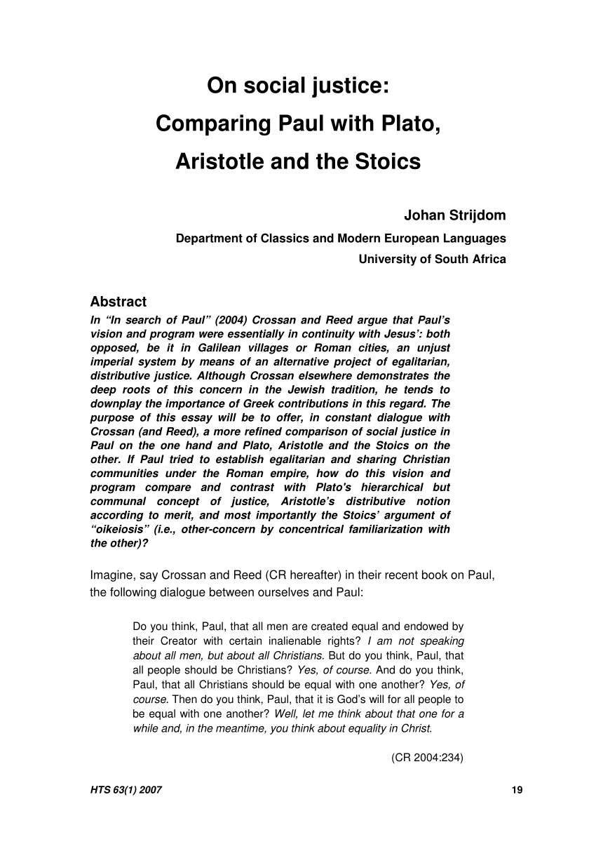 Pdf On Social Justice Comparing Paul With Plato Aristotle And The Stoics