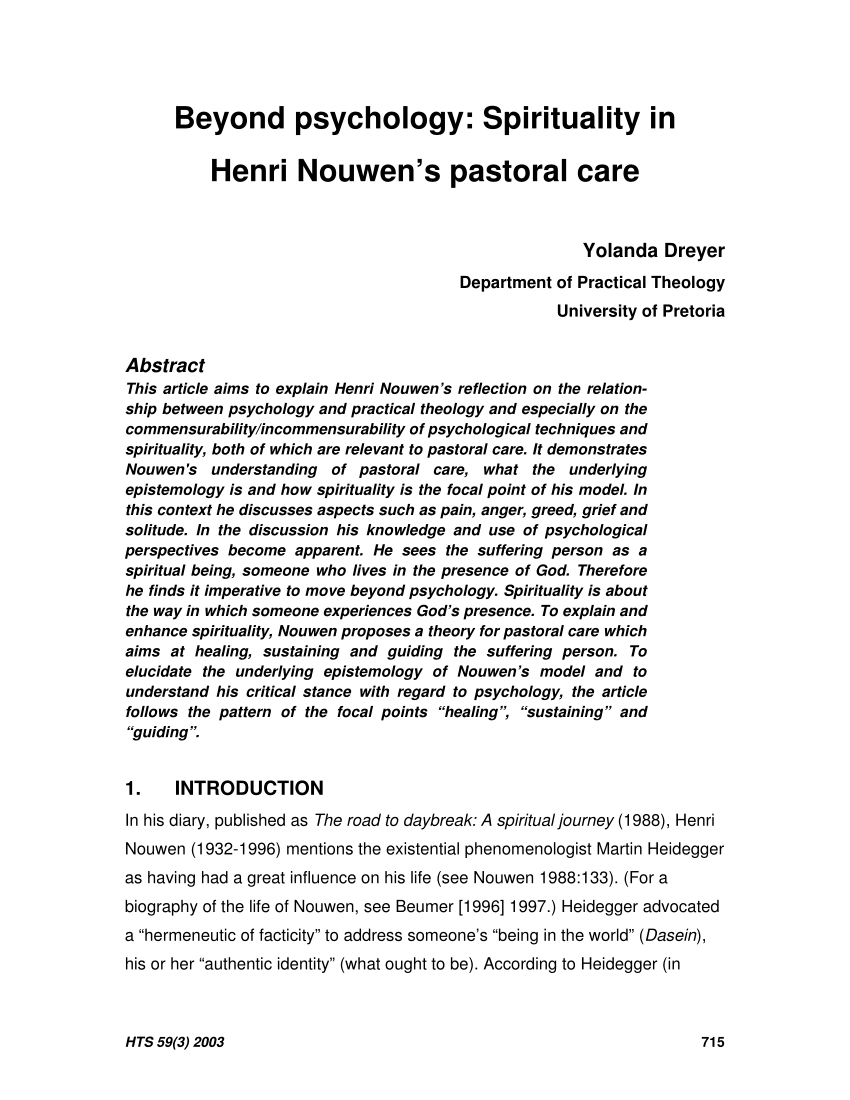 Pdf Beyond Psychology Spirituality In Henri Nouwen S Pastoral Care