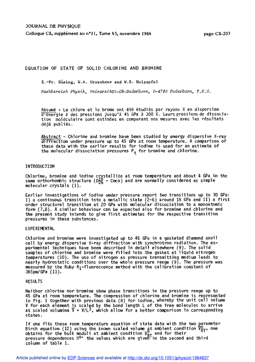 Pdf Equation Of State Of Solid Chlorine And Bromine