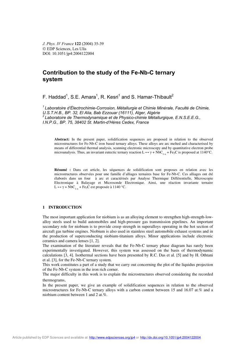 Pdf Contribution To The Study Of The Fe Nb C Ternary System