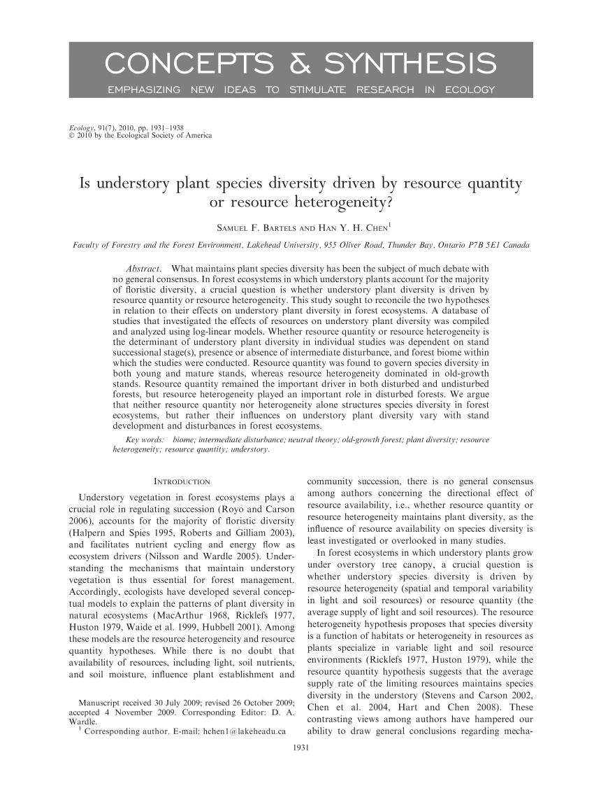 Pdf Is Understory Plant Species Diversity Driven By Resource Quantity Or Resource Heterogeneity 4642