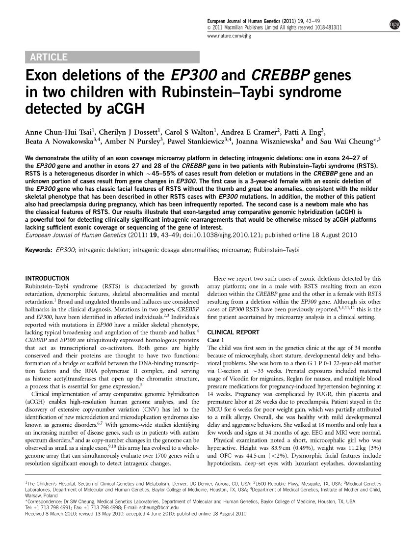 Rubinstein–Taybi syndrome  European Journal of Human Genetics