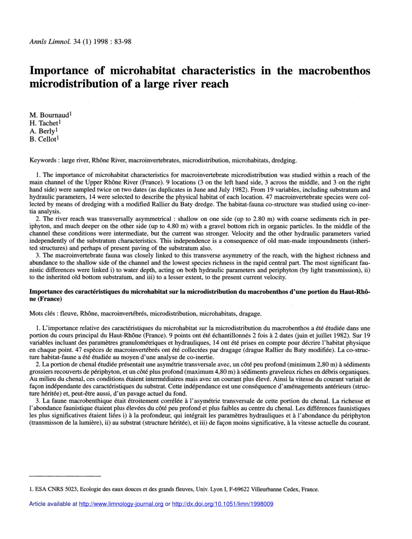 Pdf Importance Of Microhabitat Characteristics In The Macrobenthos Of A Large River Reach