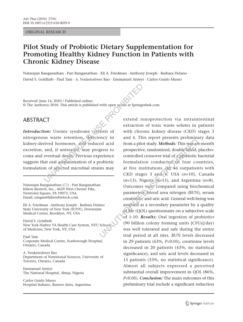Pilot study of probiotic dietary supplementation for promoting healthy kidney function in patients with chronic kidney disease (PDF Download Available)