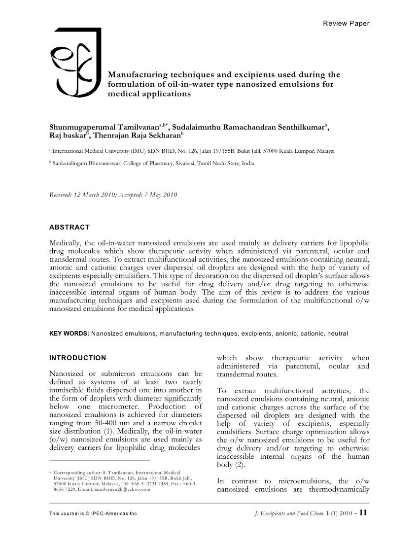 Pdf Manufacturing Techniques And Excipients Used During The Formulation Of Oil In Water Type Nanosized Emulsions For Medical Applications