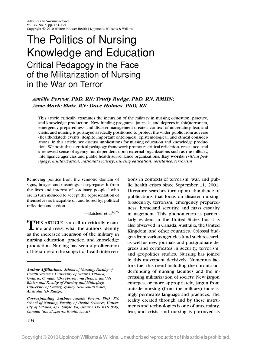 Pdf The Politics Of Nursing Knowledge And Education Critical Pedagogy In The Face Of The Militarization Of Nursing In The War On Terror