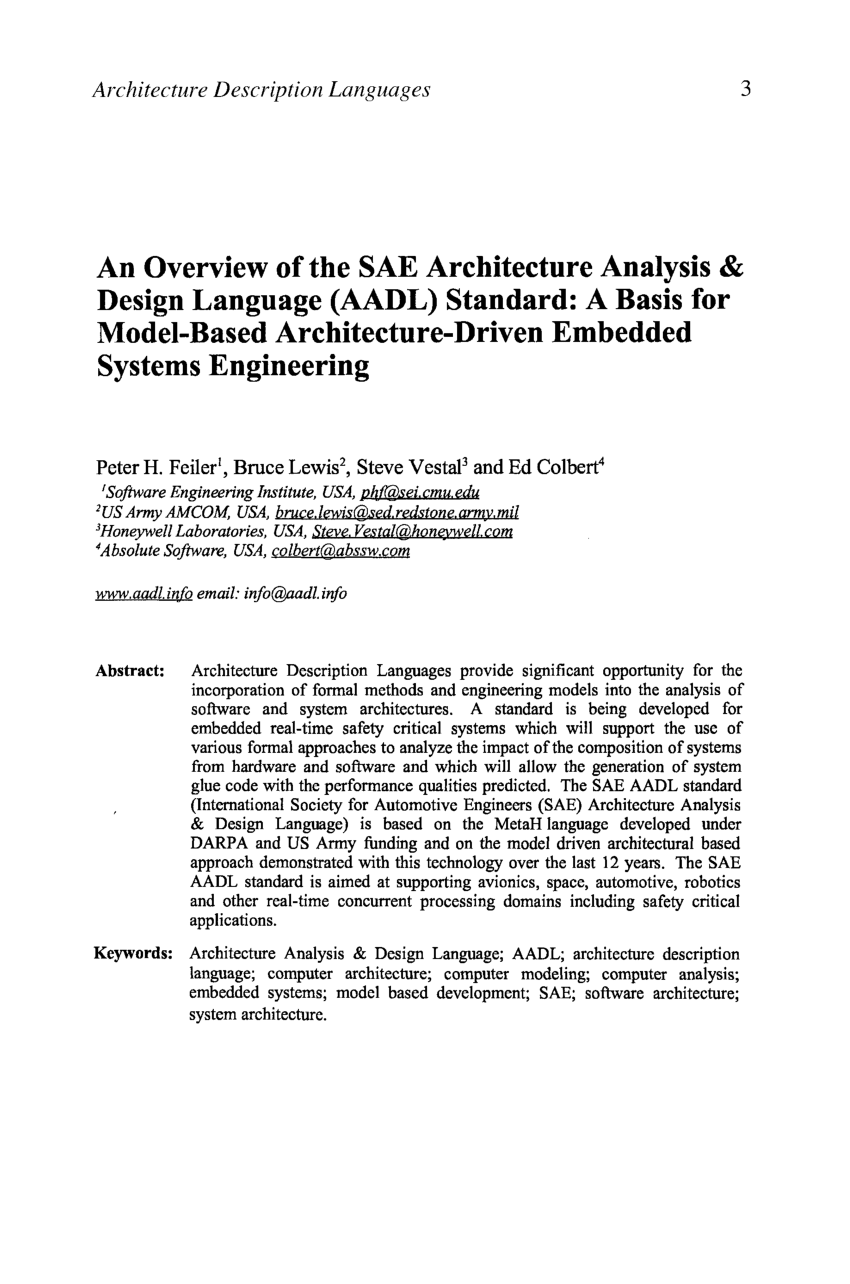 Pdf An Overview Of The Sae Architecture Analysis Design Language dl Standard A Basis For Model Based Architecture Driven Embedded Systems Engineering