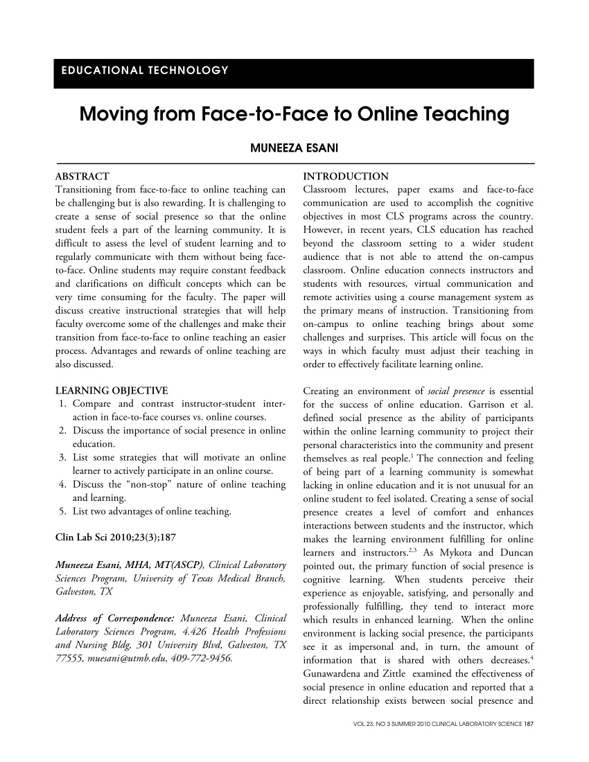 Pdf Moving From Face To Face To Online Teaching