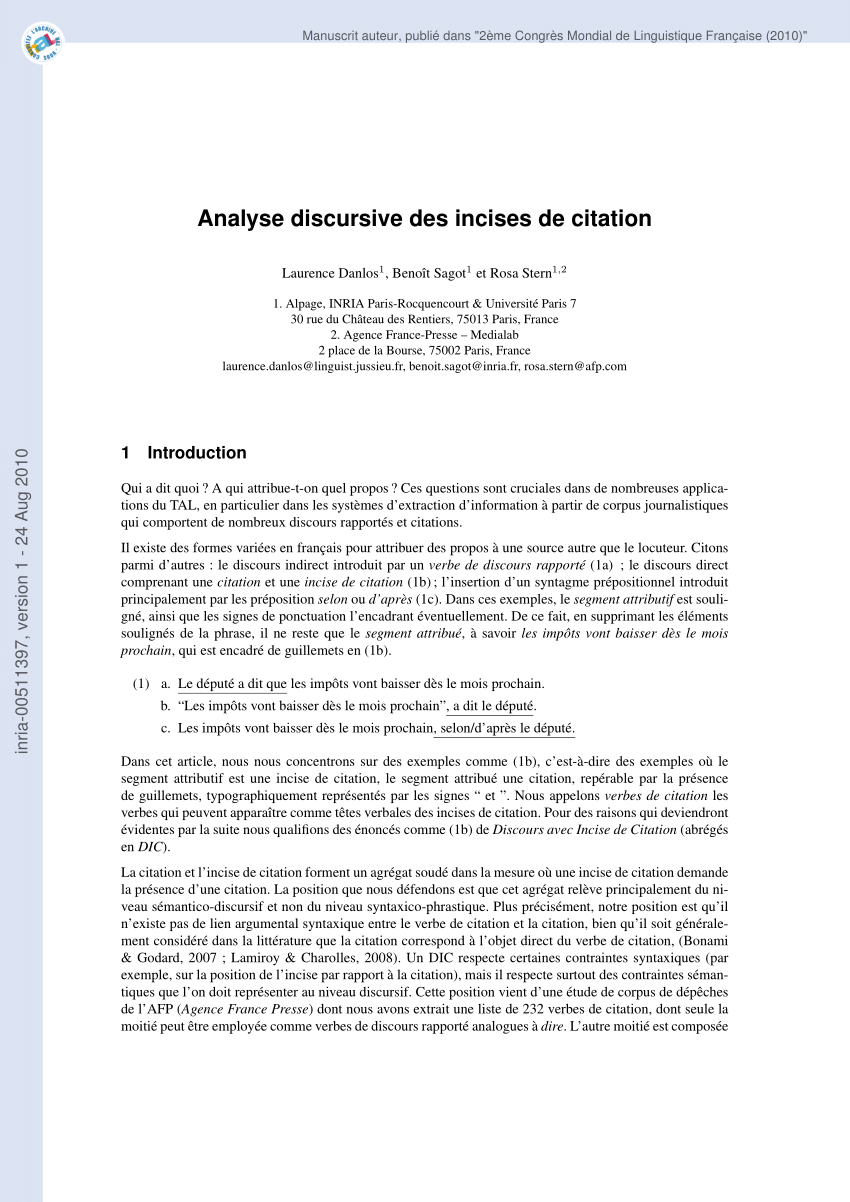 Pdf Analyse Discursive Des Incises De Citation