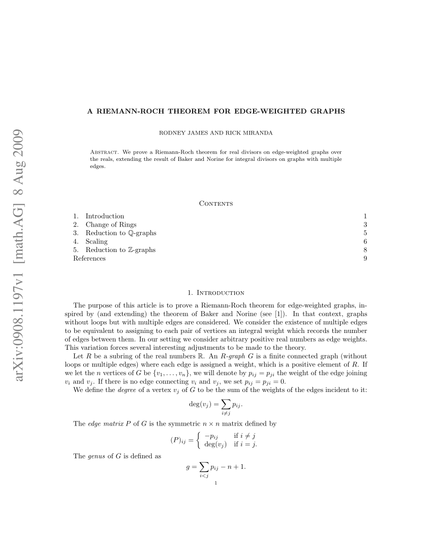 Pdf A Riemann Roch Theorem For Edge Weighted Graphs