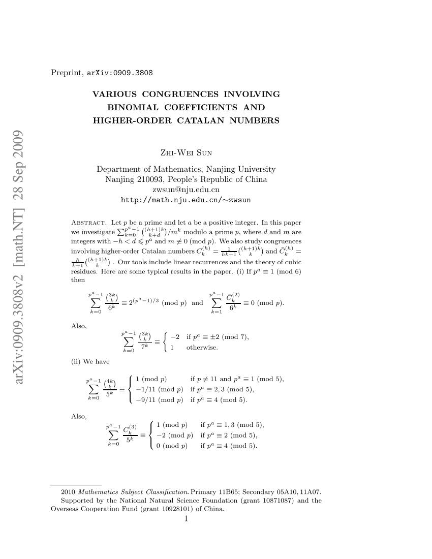 Pdf Various Congruences Involving Binomial Coefficients And Higher Order Catalan Numbers