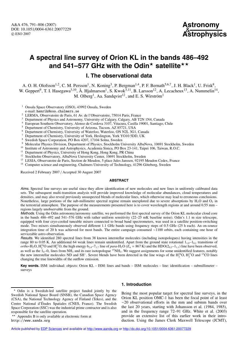 Pdf A Spectral Line Survey Of Orion Kl In The Bands 486 492 And 541 577 Ghz With The Odin Satellite