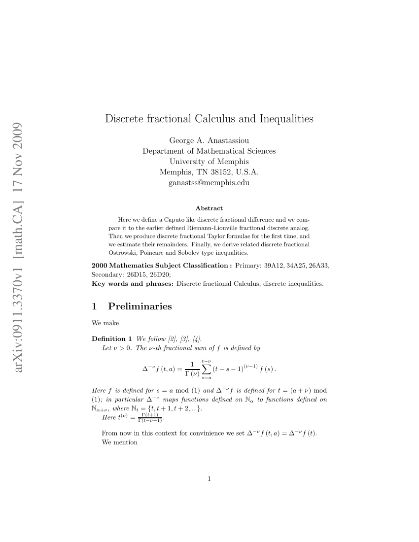 Pdf Discrete Fractional Calculus And Inequalities