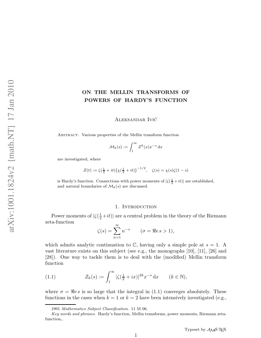 Pdf On The Mellin Transforms Of Powers Of Hardy S Function