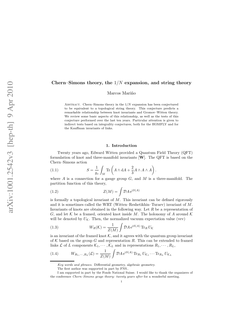 Pdf Chern Simons Theory The 1 N Expansion And String Theory