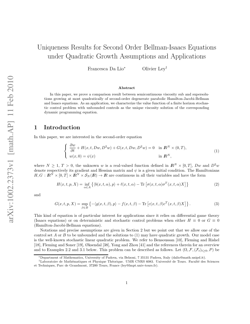 Pdf Uniqueness Results For Second Order Bellman Isaacs Equations Under Quadratic Growth Assumptions And Applications