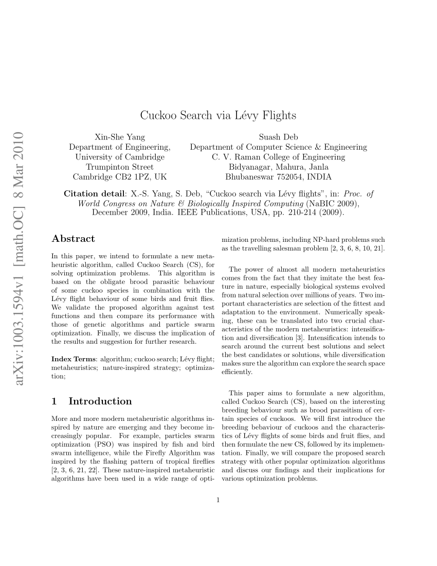 (PDF) Cuckoo Search via Levy Flights