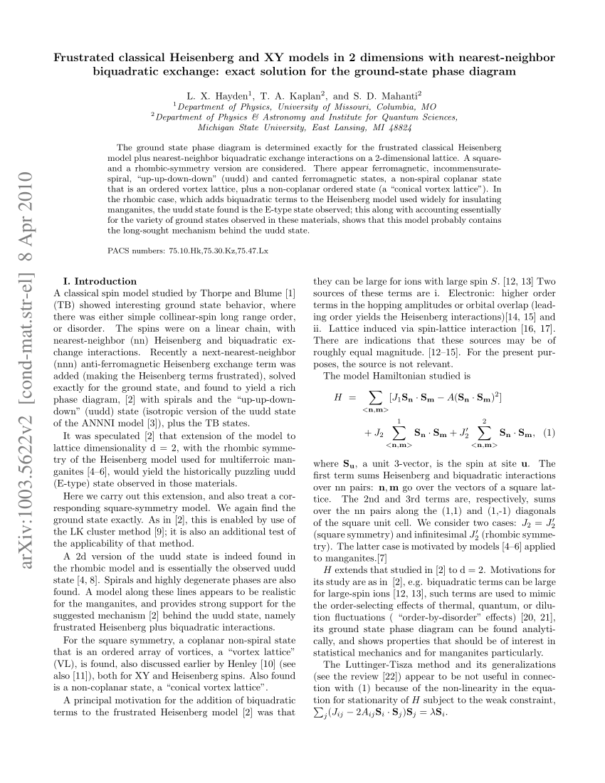 Pdf Frustrated Classical Heisenberg And Xy Models In 2 Dimensions With Nearest Neighbor Exchange Exact Solution For The Ground State Phase Diagram
