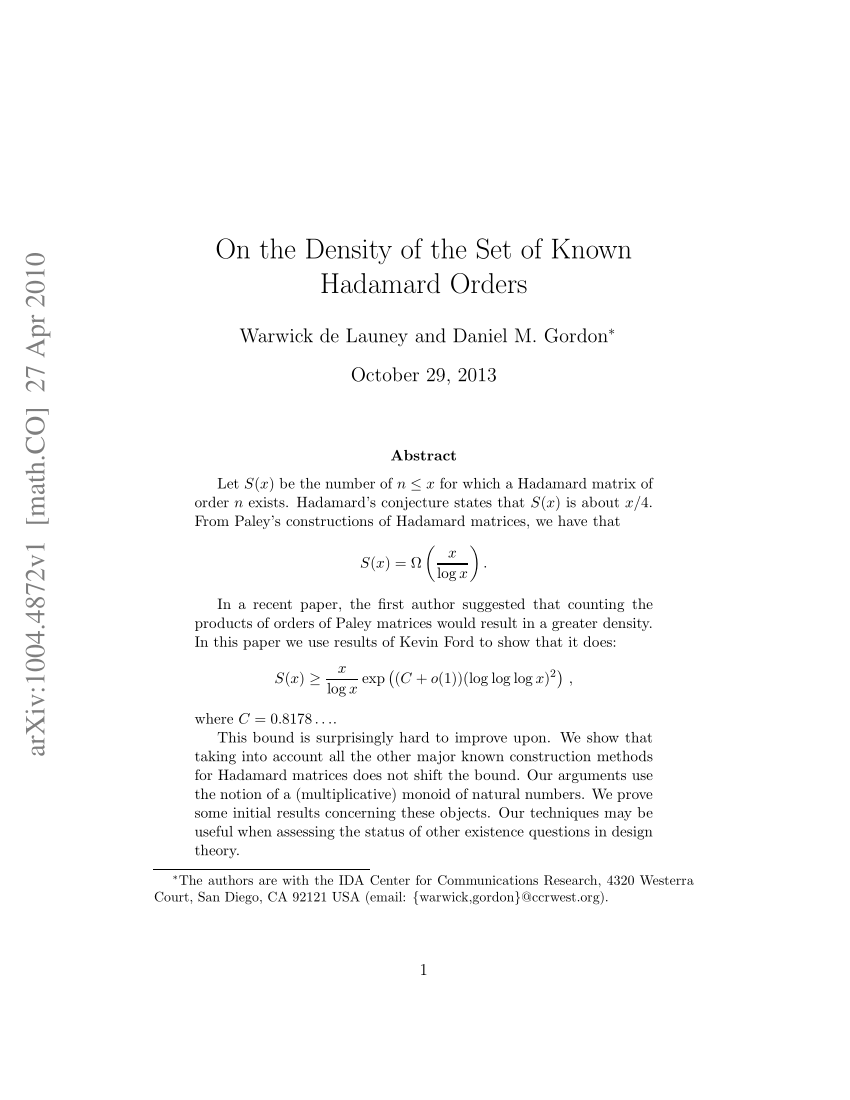 Pdf On The Density Of The Set Of Known Hadamard Orders