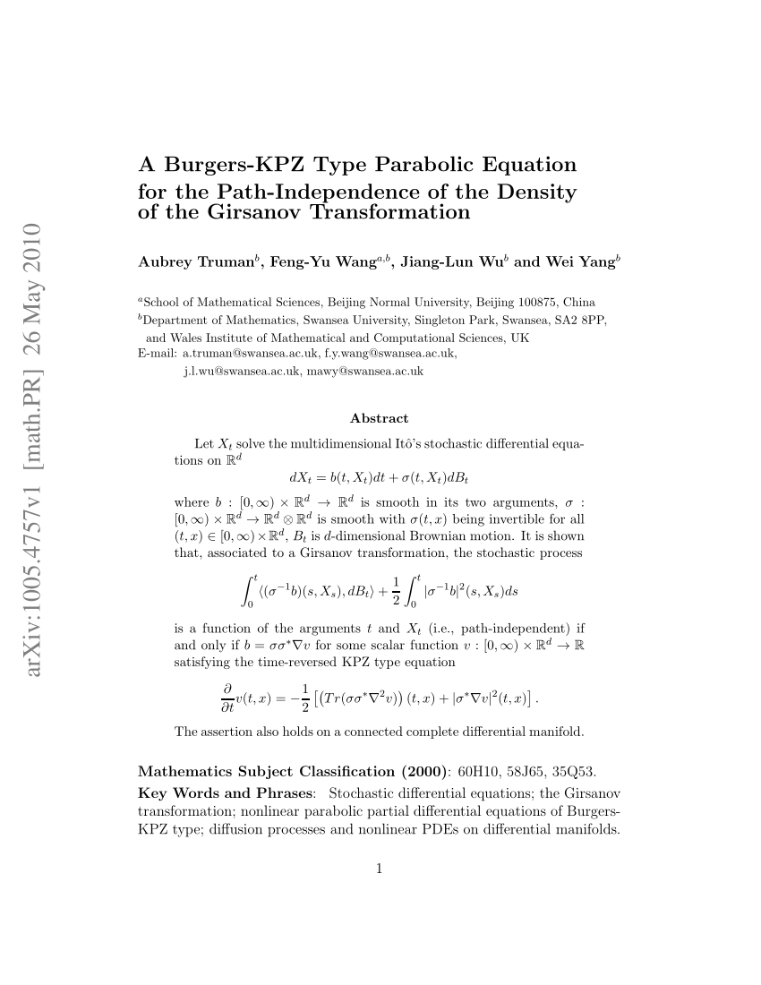 Pdf A Burgers Kpz Type Parabolic Equation Par Noindent For The Path Independence Of The Density Of The Girsanov Transformation