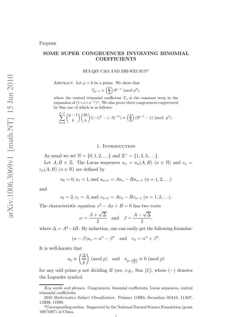 Pdf Some Congruences Involving Binomial Coefficients