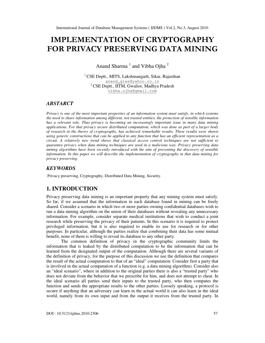 cryptographic techniques for privacy preserving data mining