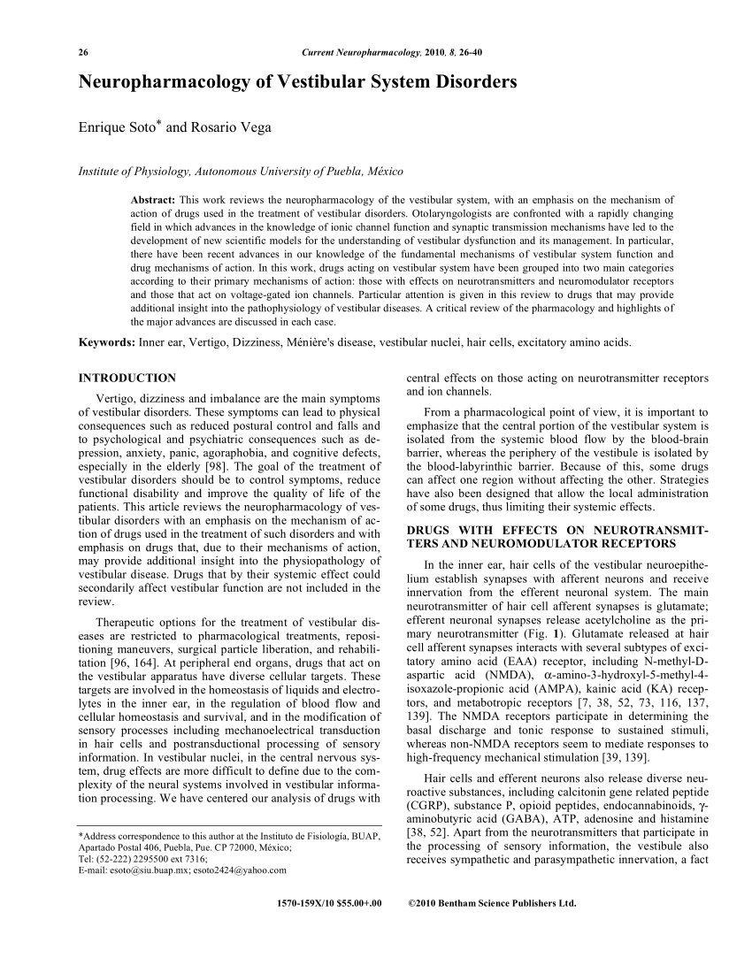 PDF) Neuropharmacology of Vestibular System Disorders