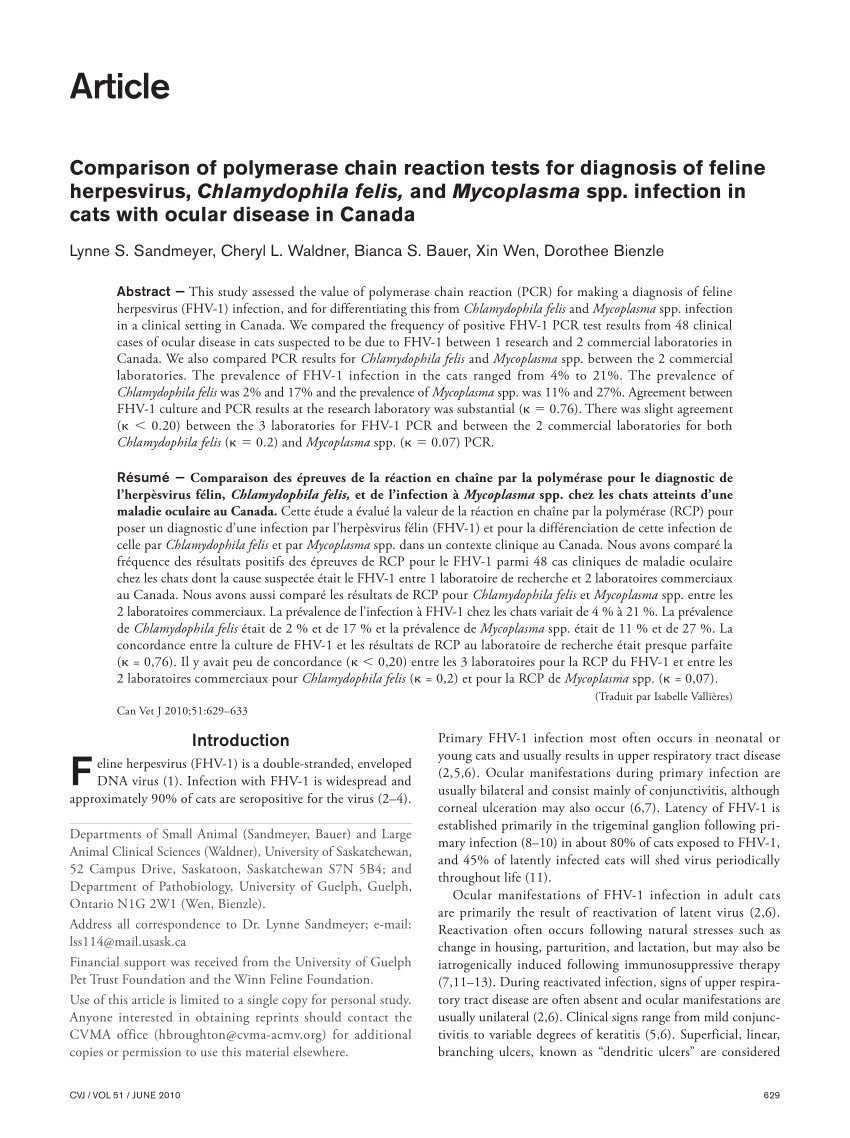 Pdf Comparison Of Polymerase Chain Reaction Tests For Diagnosis Of Feline Herpesvirus Chlamydophila Felis And Mycoplasma Spp Infection In Cats With Ocular Disease In Canada